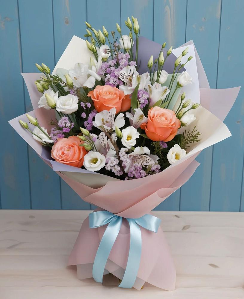 Букет цветов из: Лизиантусы, Розы, Альстромерии и Гипсофила в Воздвиженском Ставропольского края