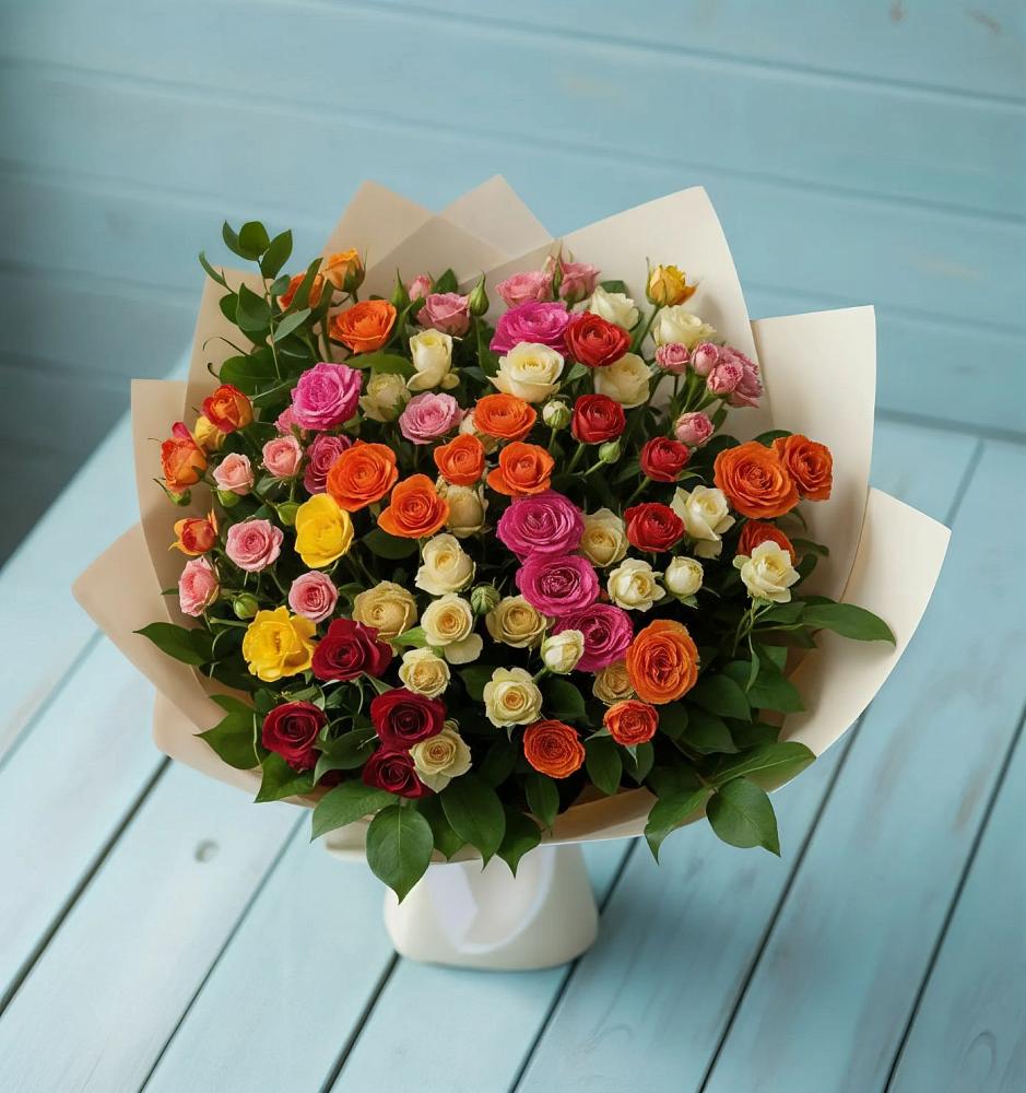 Букет Микс из разноцветных кустовых роз в Воздвиженском Ставропольского края