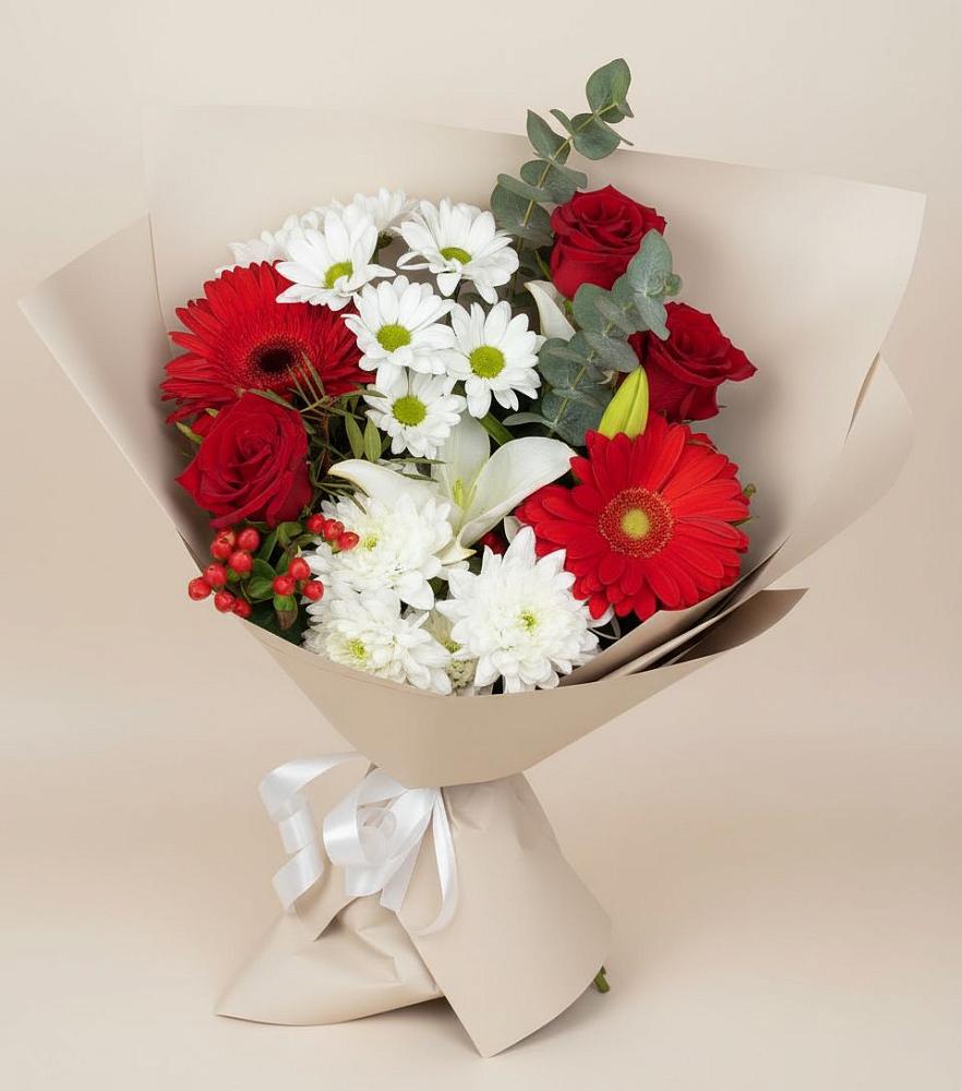 Букет цветов из: Розы, Хризантемы, Герберы и Лилии в Воздвиженском Ставропольского края