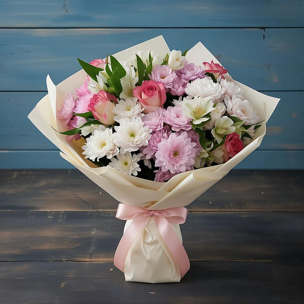 Букет цветов из: Хризантемы, Альстромерии и Розы в Воздвиженском Ставропольского края